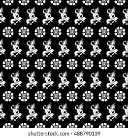 Apsara dancer and flowers  seamless pattern, on black background, vector illustration