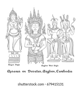 Apsara or Devata, Angkor, Cambodia Sketch Drawing, Objects, Travel and Tourist Attraction