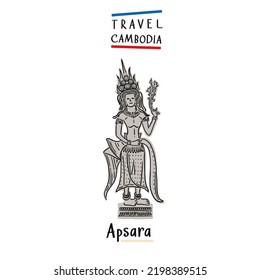 Apsara Female Sculpture Cambodia Art Element Hand Drawn Color Illustration 