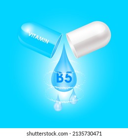 apsule vitamin B5 (Thiamine) structure Blue, white open as drop of water. 3D Vector Illustration. Drug business concept. Personal care, beauty concept. Vitamin complex with chemical formula.