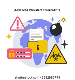 APT or Advanced persistent threat. Malicious actor, state or state-sponsored group cyber attack or crime. Hazard damage of large computer system. Flat vector illustration