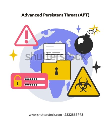 APT or Advanced persistent threat. Malicious actor, state or state-sponsored group cyber attack or crime. Hazard damage of large computer system. Flat vector illustration