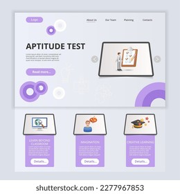 Aptitude test flat landing page website template. Learn beyond classroom, imagination, creative learning. Web banner with header, content and footer. Vector illustration.