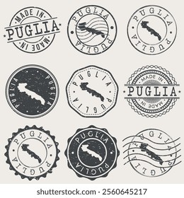 Apulia, Italy Set of Stamps. Country Travel Marks. Made In Product. Design Seals Old Style Insignia.