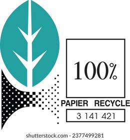 Etiqueta APUR. Logo de reciclaje 100% Papier. Logotipo de la Asociación de Productores y Usuarios de Papel Reciclado y Cartón para reconocer los artículos o envases fabricados a partir de papel o cartón reciclado