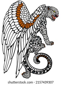 Aq Bars. Legendary winged snow leopard. Roaring aggressive mythological creature climbing up. View from the back and head turned. Tattoo style vector illustration