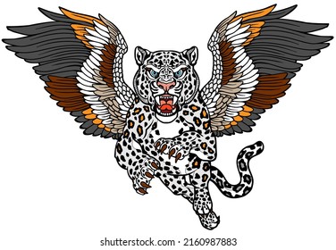 Aq Bars. Legendary winged snow leopard in the flight. Mythological big cat with open wings and gaze looking straight. Roaring mystic creature. Front view. Isolated tattoo style vector illustration