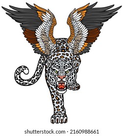 Aq Bars. Legendary winged snow leopard. Mythological big cat with open wings and gaze looking straight. Roaring aggressive creature crawl stalking. Front view. Isolated vector illustration. Tattoo