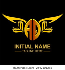 AQ Golden Wing Emblem Logo with elegant gold wings, sleek and modern design. Ideal for branding, creative projects, luxury businesses, or artistic ventures.