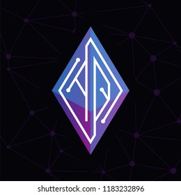 AQ Initial letter block chain logo icon vector template. Looping mono line circuit letter on rhombus cube logo