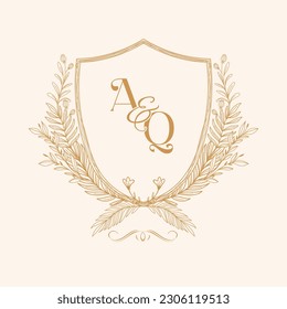 AQ Initial Wedding Monogram Logo Crest, Wedding Logo Design, Custom Wreath Wedding Monogram, Crest Initial Wedding Logo Design.