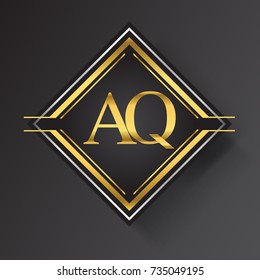 AQ Letter logo in a square shape gold and silver colored geometric ornaments. Vector design template elements for your business or company identity.