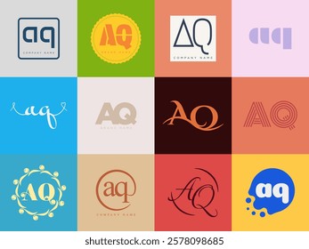 AQ logo company template. Letter a and q logotype. Set different classic serif lettering and modern bold text with design elements. Initial font typography. Collection trendy business identity.