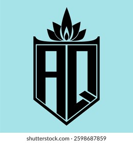 AQ Logo featuring a minimalist design with a crown-like flower symbol on top, bold black elements, and a soft blue background, perfect for branding and modern visual identity.