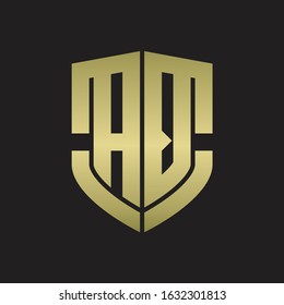 AQ Logo monogram with emblem shield shape design isolated gold colors on black background