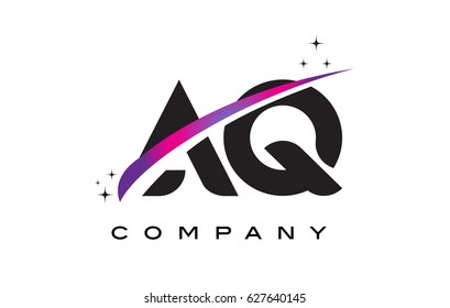 AQ A Q Black Letter Logo Design with Purple Magenta Swoosh and Stars.