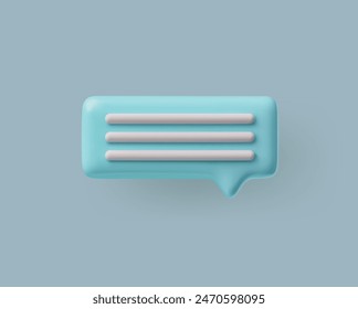 Aqua 3D speech bubble icon with four pale pink horizontal lines, crafted for digital messaging themes. Vector illustration ideal for apps and web interfaces.