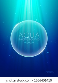 Aqua abstract modern dynamic blue, green background. Air bubble on sun rays. Underwater, water surface, ocean, sea, swimming pool transparent aqua, ripples. Realistic 3d vector illustration. EPS10