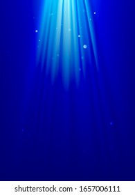 Aqua abstract modern dynamic dark blue background. Air bubble on sun rays. Underwater, water surface, ocean, sea, swimming pool transparent aqua, ripples. Realistic 3d vector illustration. EPS10