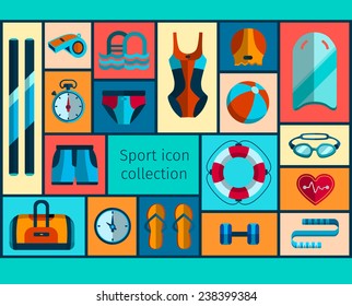 Aqua aerobics icon set. Sport collection in flat style Swimming pool set. Water sport set. Vector swimming pool elements. 