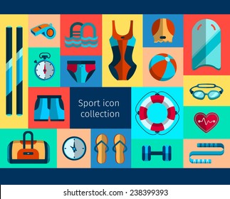 Aqua aerobics icon set. Sport collection in flat style. 