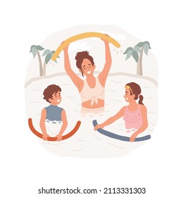 Aqua aerobics isolated cartoon vector illustration. Mother exercises together with kids, water aerobics, resort swimming pool activity, aqua fitness for family, active vacation cartoon vector.