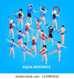 Aqua aerobics isometric composition on blue background men and women with sport equipment during training vector illustration 