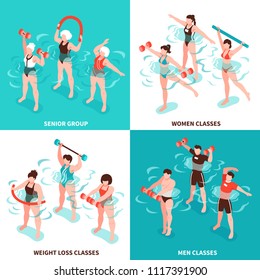 Aqua aerobics men and women classes senior group for persons losing weight isometric concept isolated vector illustration