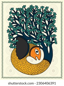 Aqua Arboreal Delight: Fish and Tree Motif in Madhubani Art. Marine Flora: Exploring the Fish and Tree Symbolism in Madhubani Paintings. Madhubani art, Contemporary Art, Indian Paintings, Wall Paintin