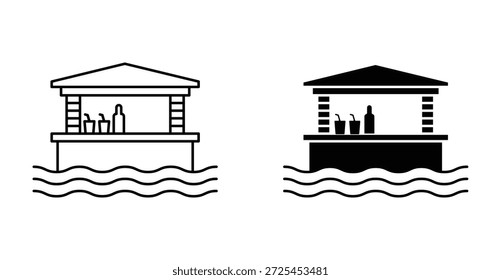 Icono de la barra de agua. Línea con trazo editable y plano para bebidas de Web símbolo de la cabaña de la piscina de la playa en blanco y negro