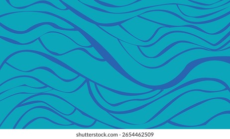 Fondo azul aqua cubierto de líneas azules abstractas en capas que imitan las suaves olas del mar en movimiento.