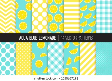 Aqua Blue Lemonade Vector Patterns. Yellow Lemon Halves and Slices, Chevron, Stripes, Polka Dots and Gingham. Lemonade Stand Summer Party Decor. Girly Mod Backgrounds. Pattern Tile Swatches Included.