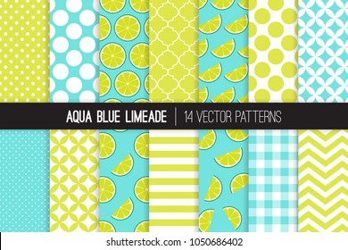 Aqua Blue Limeade Vector Patterns. Green Lime Halves and Slices, Chevron, Stripes, Polka Dots, Gingham and Quatrefoil. Limeade Stand Summer Party Decor. Mod Backgrounds. Pattern Tile Swatches Included