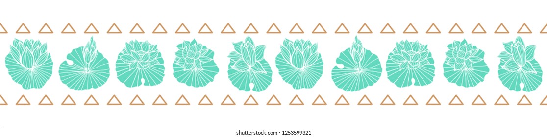 Aqua blue lineart waterlily-lotus pads and gold triangles seamless vector horizontal border.