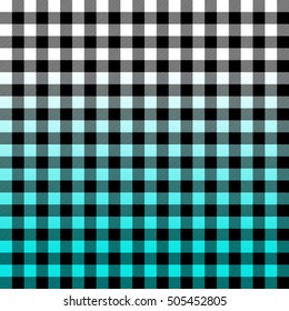 Aqua Blue Ombre Buffalo Check Plaid Vector Patterns. Perfect as Christmas Background. Gradient Fade Textures Dip Dye Style. Horizontally Seamlessly Repeating Swatches Made with Global Colors.