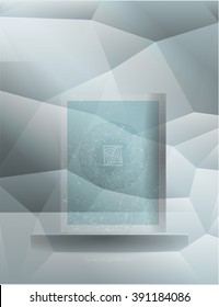 Aqua blue polygonal background, a shelf with a mystical map with numbers on aqua banner with ancient symbol. Text "in search of Atlantis", decorative banner, poster. Vector illustration