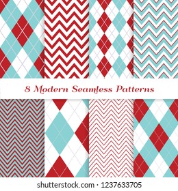 Aqua Blue and Red Argyle and Chevron Zigzag Stripes Vector Patterns. Christmas Backgrounds. Xmas Fabric Prints. Pattern Tile Swatches Included.