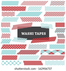 Aqua Blue and Red Washi Tape Strips. Semitransparent. Photo Frame Border, Blog. Clip Art, Scrapbook Embellishment. Global colors used. 