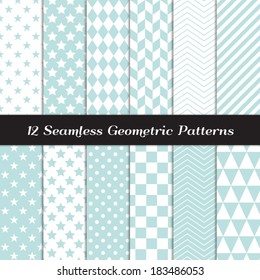 Aqua Blue and White Geometric Seamless Patterns. Pastel Color Backgrounds in Diamond, Chevron, Polka Dot, Checkerboard, Stars, Triangles, Herringbone and Stripes. Pattern Swatches with Global Colors.