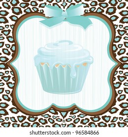 Aqua and brown leopard print background with a framed faded cupcake and bow detail. Super cute birthday party invitation for any age!