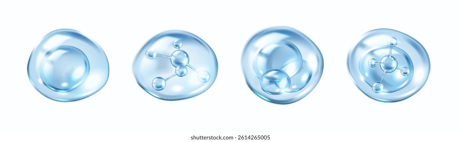 Aqua bubbles with collagen molecules inside realistic color icons set. Necessary elements for skin 3d objects bundle on white background