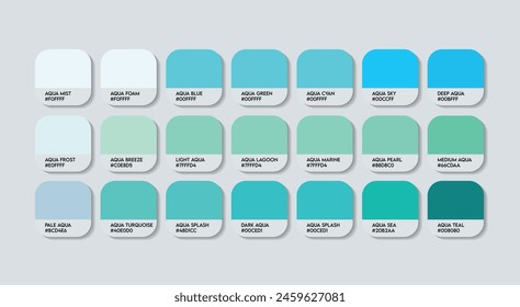 Paleta de guía de color Aqua con nombres de color. Catálogo Muestras Aqua con códigos y nombres RGB HEX. Paleta de Colores de metal Vector, madera y plástico Aqua Color Paleta, moda tendencia azul Color Paleta