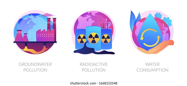 Aqua contamination. Natural resources wasting. Nuclear damage. Groundwater pollution, radioactive pollution, water consumption metaphors. Vector isolated concept metaphor illustrations