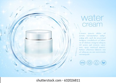 Aqua cream cosmetic product ads, hydrating facial skincare mock up template for christmas seasonal sale. Turquoise mask bottle isolated on glitter particles with water splash. 3D illustration.