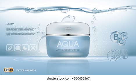 Aqua Cream Moisturizing cosmetic ads template. Hydrating facial lotion. Mockup 3D Realistic illustration. Sparkling water drops over blue background