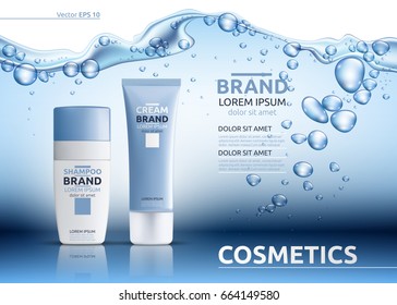 Aqua Cream Moisturizing cosmetic ads template. Hydrating facial lotion. Mockup 3D Realistic illustration. Sparkling water drops over blue