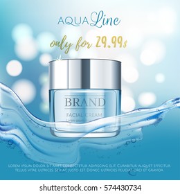 Aqua Cream Premium VIP cosmetic ads, hydrating luxury facial cream for sale. Elegant fresh blue color cream mask bottle with water splash and drops, gloss effect. 3D realistic vector illustration.