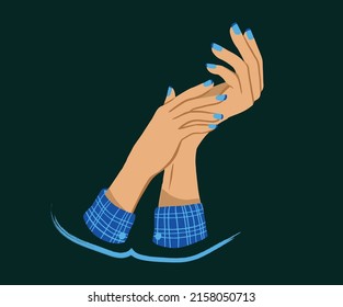 aqua and dark blue nails with hands and blue-hues colors. vector design. 
