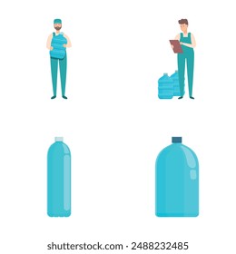 Aqua delivery icons set cartoon vector. Drinking clean water delivery. Supply, shipping