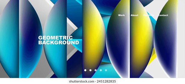 Aqua and Electric blue graphics create a symmetrical pattern of circles and arrows on a blue and yellow geometric background, resembling an organism in motion